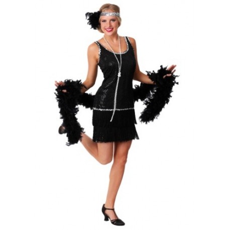 Vestido flapper con lentejuelas y flecos color negro